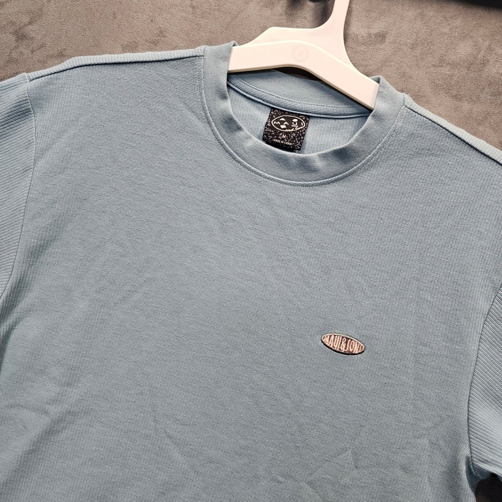 Maui and Sons Mens Medium Light Blue Ribbed Knit Short Sleeve T-Shirt Crew Neck